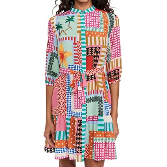 Saloni Tyra Mini Dress Silk Tropical Floral Pink Striped Patchwork Belted US 6